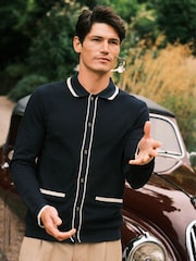 Ten Paces Navy Textured Button Through 100% Cotton Regular Fit Polo Shirt - Image 1 of 7