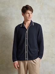 Ten Paces Navy Textured Button Through 100% Cotton Regular Fit Polo Shirt - Image 2 of 7