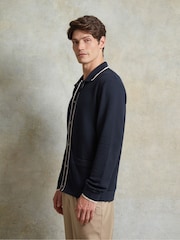 Ten Paces Navy Textured Button Through 100% Cotton Regular Fit Polo Shirt - Image 3 of 7