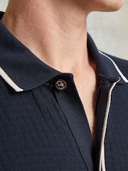 Ten Paces Navy Textured Button Through 100% Cotton Regular Fit Polo Shirt - Image 5 of 7