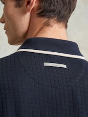 Ten Paces Navy Textured Button Through 100% Cotton Regular Fit Polo Shirt - Image 6 of 7