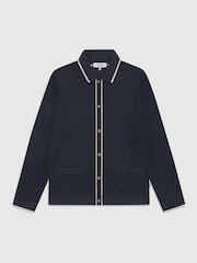 Ten Paces Navy Textured Button Through 100% Cotton Regular Fit Polo Shirt - Image 7 of 7