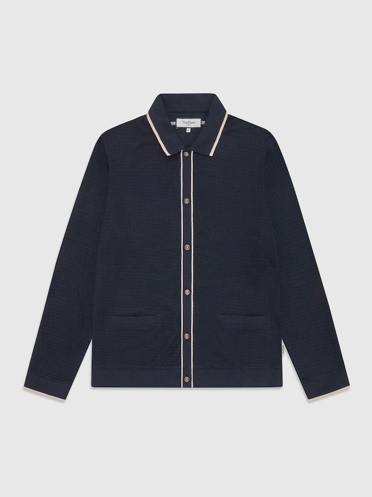 Ten Paces Navy Textured Button Through 100% Cotton Regular Fit Polo Shirt - Image 7 of 7