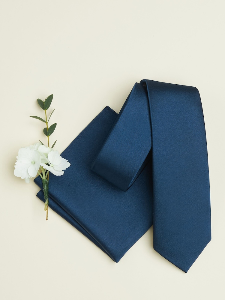 Navy Blue Slim Silk Tie And Pocket Square Set - Image 2 of 6