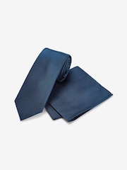 Navy Blue Slim Silk Tie And Pocket Square Set - Image 3 of 6
