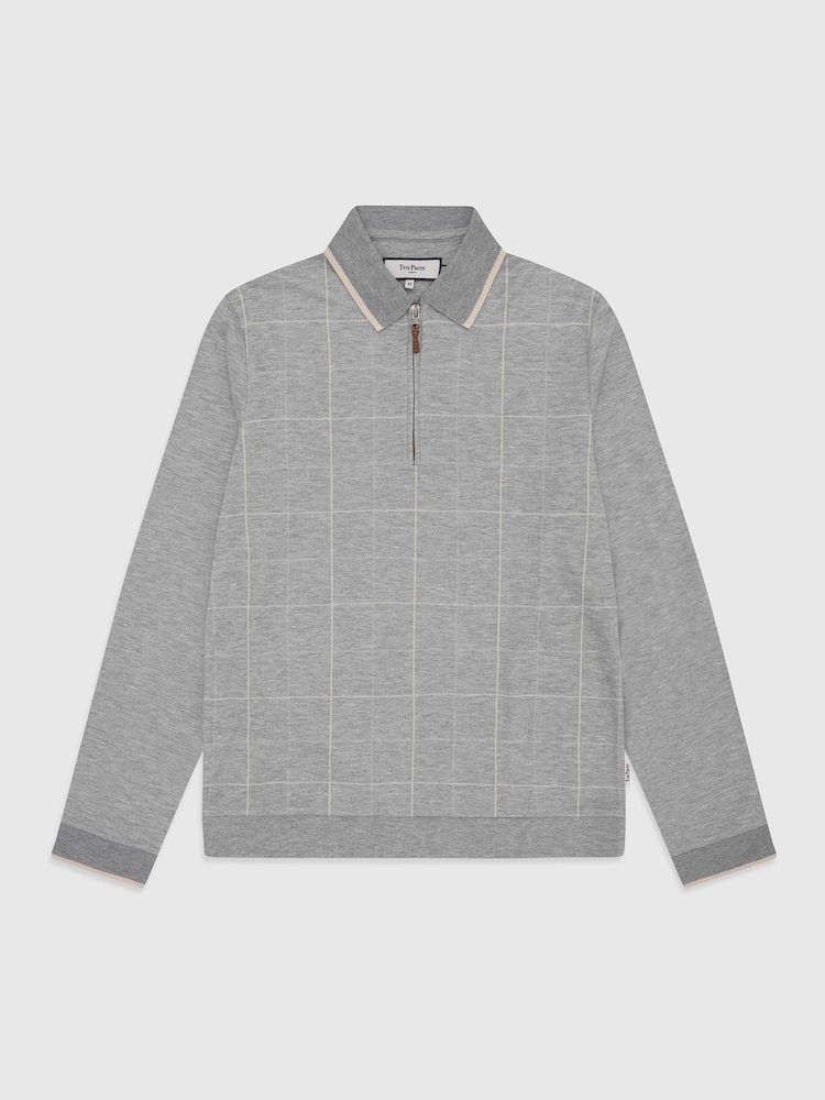 Ten Paces Grey Check Knitted Zip Neck Long Sleeve Polo Shirt - Image 6 of 6