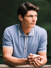Ten Paces Blue Textured Button Through 100% Cotton Regular Fit Polo Shirt - Image 1 of 7
