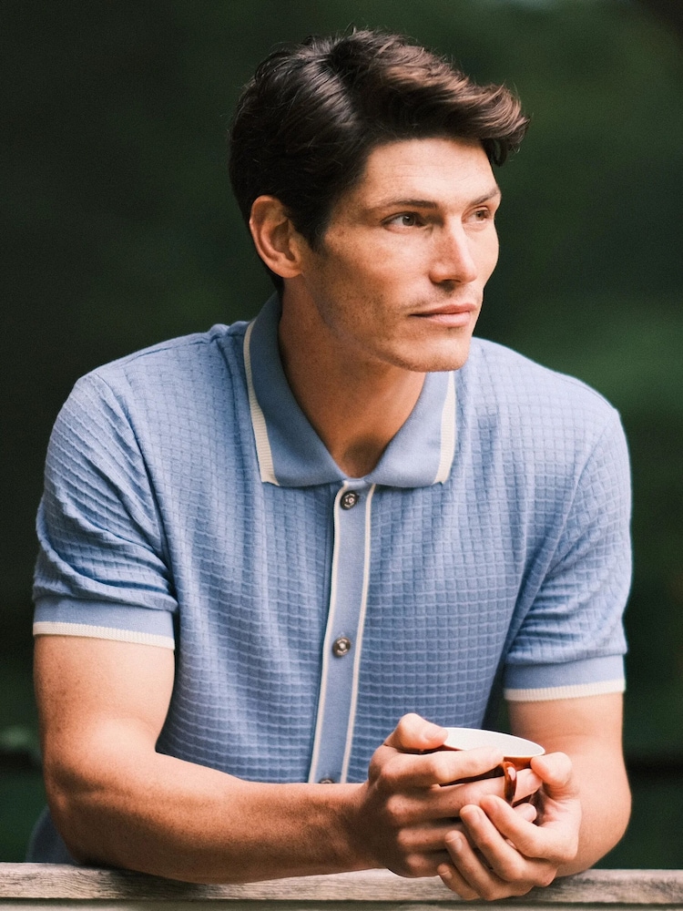 Ten Paces Blue Textured Button Through 100% Cotton Regular Fit Polo Shirt - Image 1 of 7
