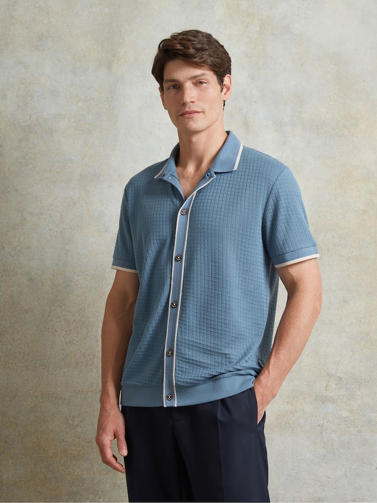 Ten Paces Blue Textured Button Through 100% Cotton Regular Fit Polo Shirt - Image 2 of 7