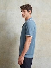 Ten Paces Blue Textured Button Through 100% Cotton Regular Fit Polo Shirt - Image 3 of 7