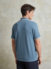Ten Paces Blue Textured Button Through 100% Cotton Regular Fit Polo Shirt - Image 4 of 7