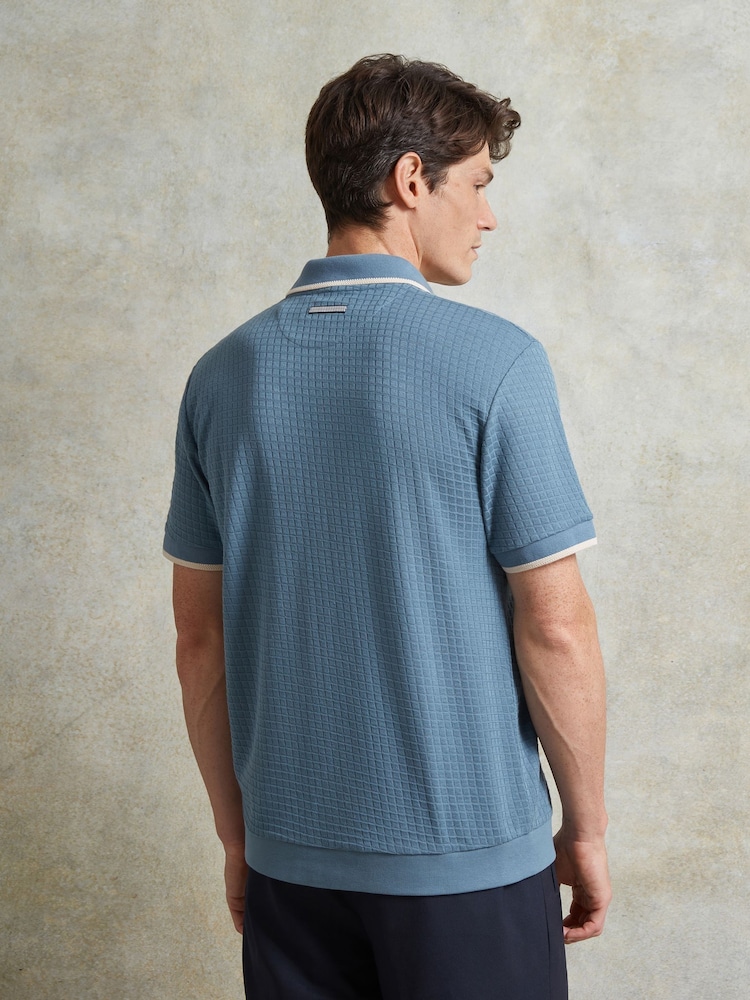 Ten Paces Blue Textured Button Through 100% Cotton Regular Fit Polo Shirt - Image 4 of 7