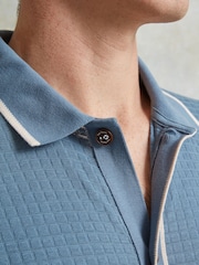 Ten Paces Blue Textured Button Through 100% Cotton Regular Fit Polo Shirt - Image 5 of 7