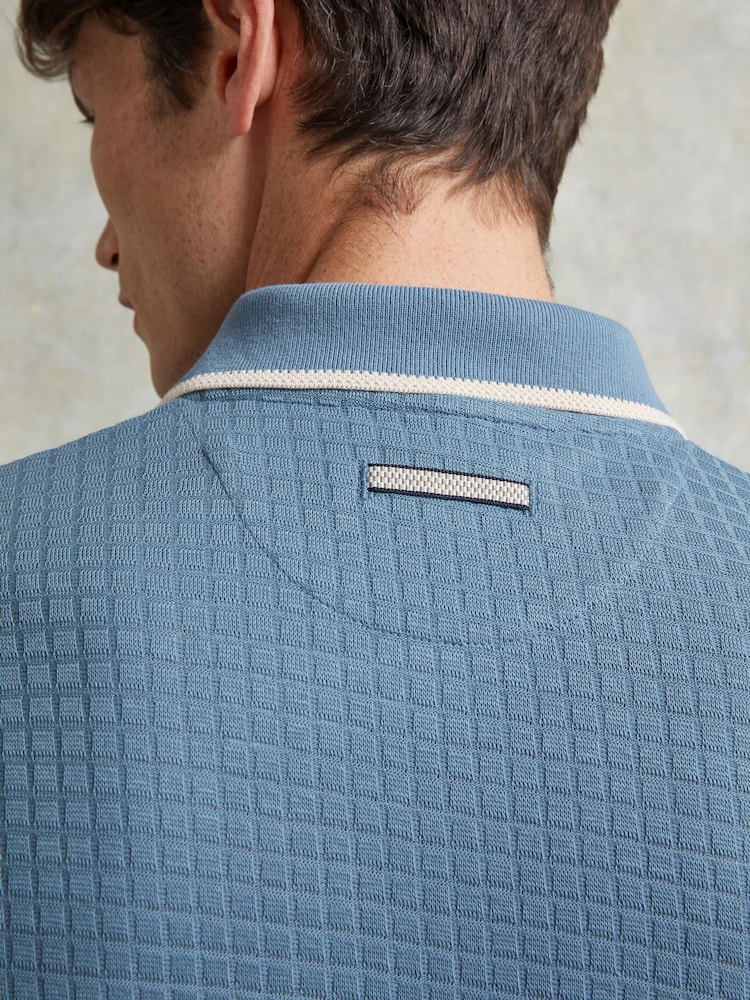 Ten Paces Blue Textured Button Through 100% Cotton Regular Fit Polo Shirt - Image 6 of 7