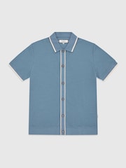 Ten Paces Blue Textured Button Through 100% Cotton Regular Fit Polo Shirt - Image 7 of 7
