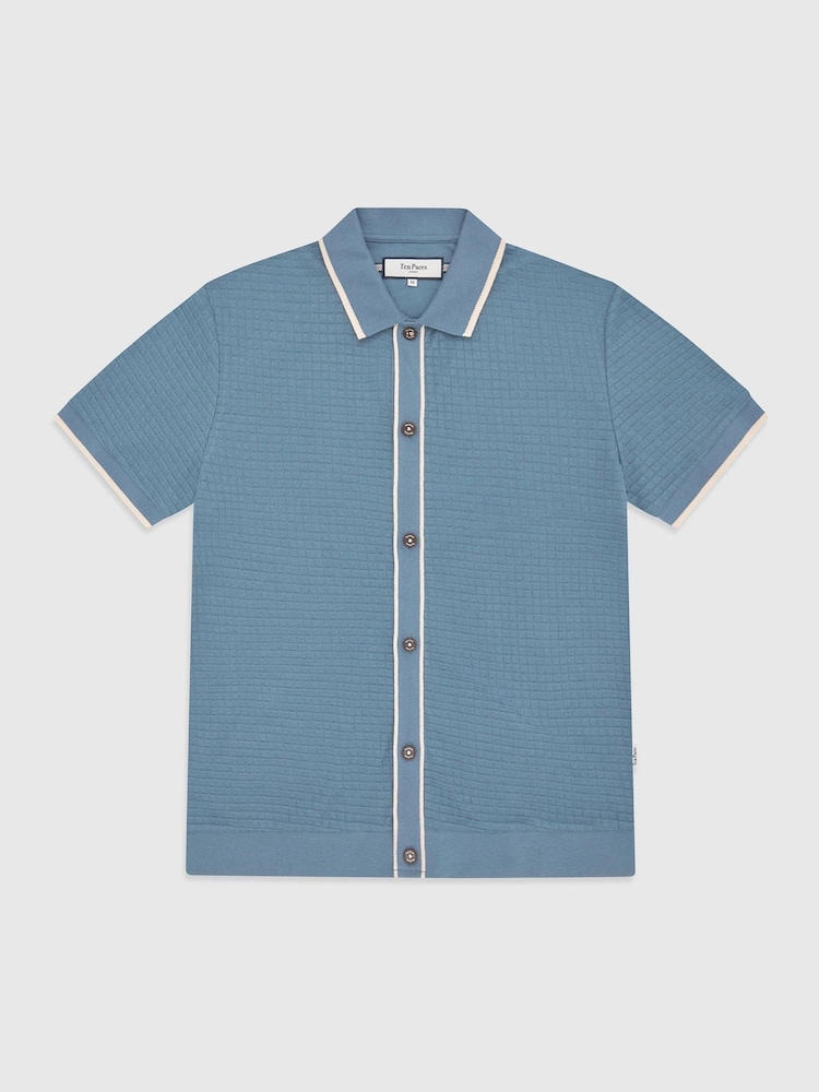 Ten Paces Blue Textured Button Through 100% Cotton Regular Fit Polo Shirt - Image 7 of 7