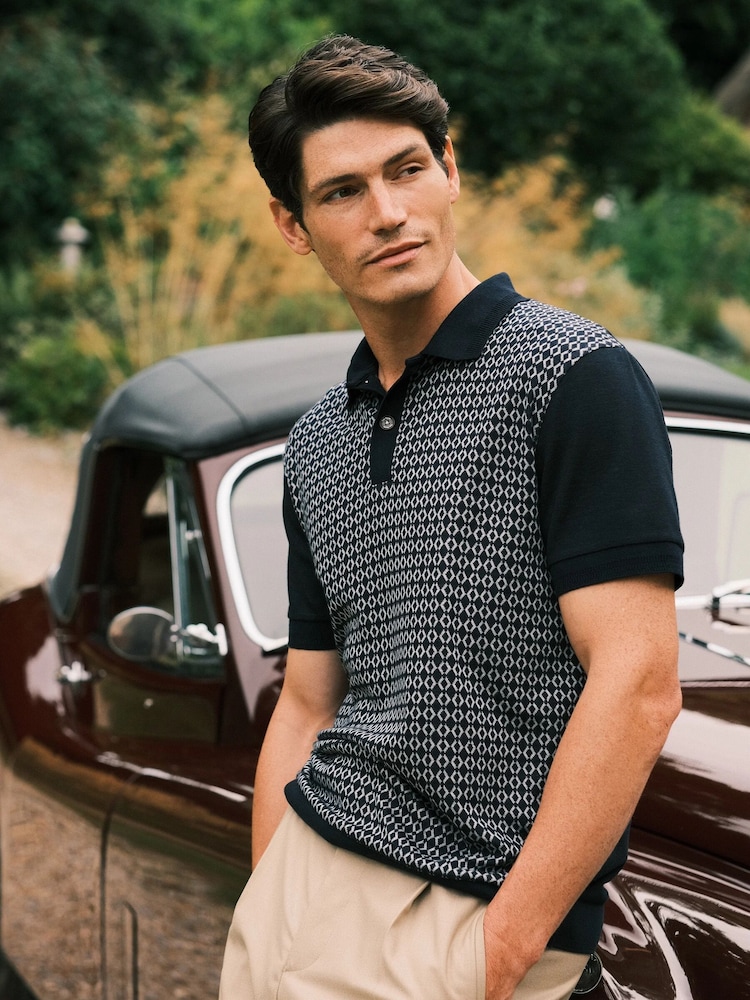 Ten Paces Navy Jacquard Knitted Regular Fit Polo Shirt - Image 1 of 7