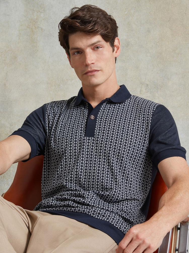 Ten Paces Navy Jacquard Knitted Regular Fit Polo Shirt - Image 2 of 7