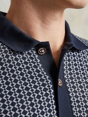 Ten Paces Navy Jacquard Knitted Regular Fit Polo Shirt - Image 5 of 7
