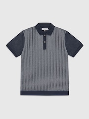 Ten Paces Navy Jacquard Knitted Regular Fit Polo Shirt - Image 7 of 7
