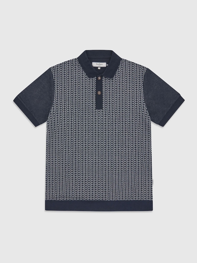 Ten Paces Navy Jacquard Knitted Regular Fit Polo Shirt - Image 7 of 7