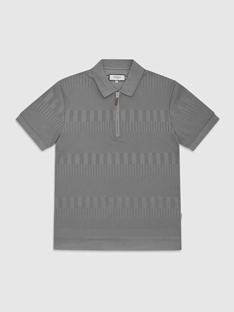 Ten Paces Grey Knitted Textured Zip Neck Regular Fit Polo Shirt - Image 6 of 6