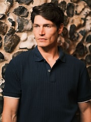 Ten Paces Navy Cable Fine Knitted Regular Fit Polo Shirt - Image 1 of 8