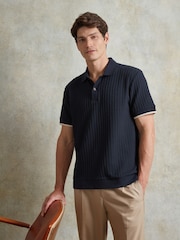 Ten Paces Navy Cable Fine Knitted Regular Fit Polo Shirt - Image 3 of 8
