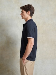 Ten Paces Navy Cable Fine Knitted Regular Fit Polo Shirt - Image 5 of 8