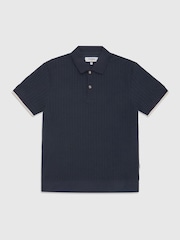 Ten Paces Navy Cable Fine Knitted Regular Fit Polo Shirt - Image 8 of 8