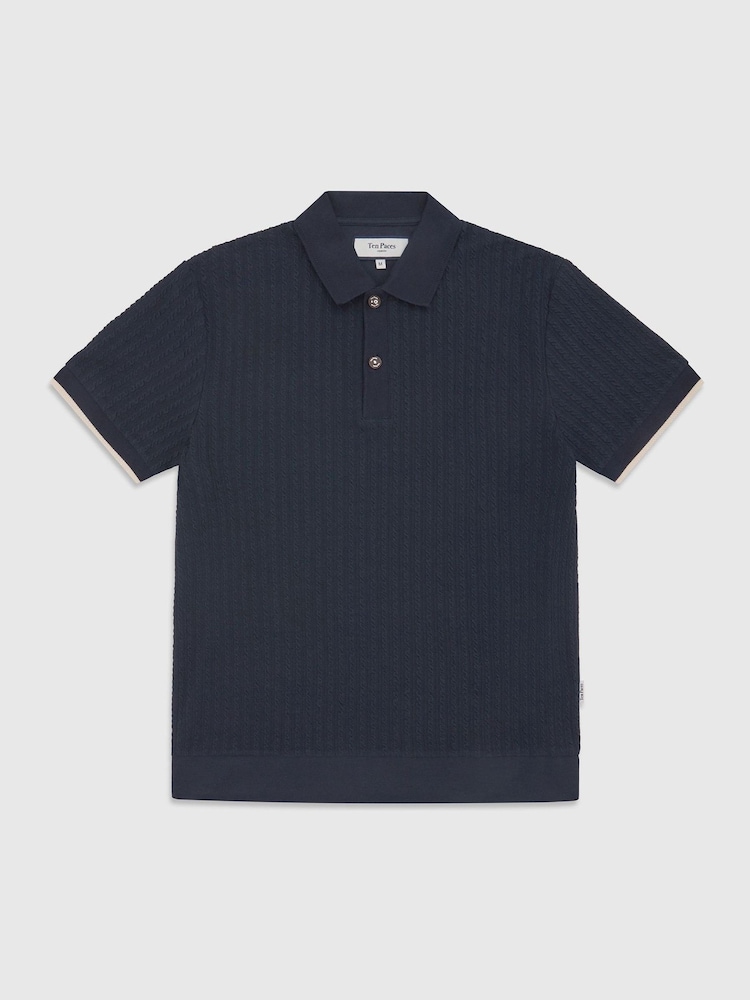 Ten Paces Navy Cable Fine Knitted Regular Fit Polo Shirt - Image 8 of 8