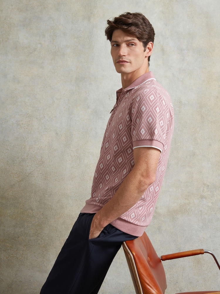 Ten Paces Pink Knitted Jacquard Zip Neck Regular Fit Polo Shirt - Image 2 of 6 Ten Paces Pink Knitted Jacquard Zip Neck Regular Fit Polo Shirt - Image 2 of 6