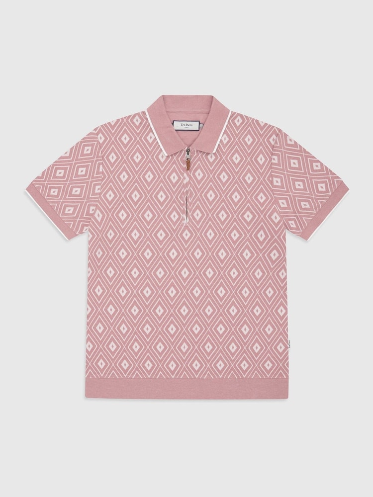 Ten Paces Pink Knitted Jacquard Zip Neck Regular Fit Polo Shirt - Image 6 of 6 Ten Paces Pink Knitted Jacquard Zip Neck Regular Fit Polo Shirt - Image 6 of 6