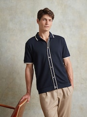 Ten Paces Navy Textured Button Through 100% Cotton Regular Fit Short Sleeve Polo Shirt - Image 1 of 6