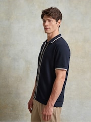 Ten Paces Navy Textured Button Through 100% Cotton Regular Fit Short Sleeve Polo Shirt - Image 2 of 6