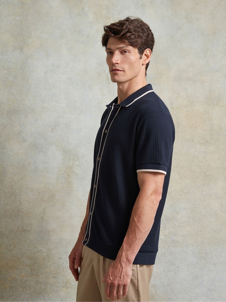Ten Paces Navy Textured Button Through 100% Cotton Regular Fit Short Sleeve Polo Shirt - Image 2 of 6