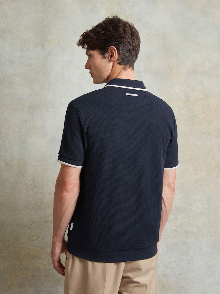 Ten Paces Navy Textured Button Through 100% Cotton Regular Fit Short Sleeve Polo Shirt - Image 3 of 6