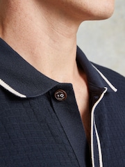 Ten Paces Navy Textured Button Through 100% Cotton Regular Fit Short Sleeve Polo Shirt - Image 4 of 6