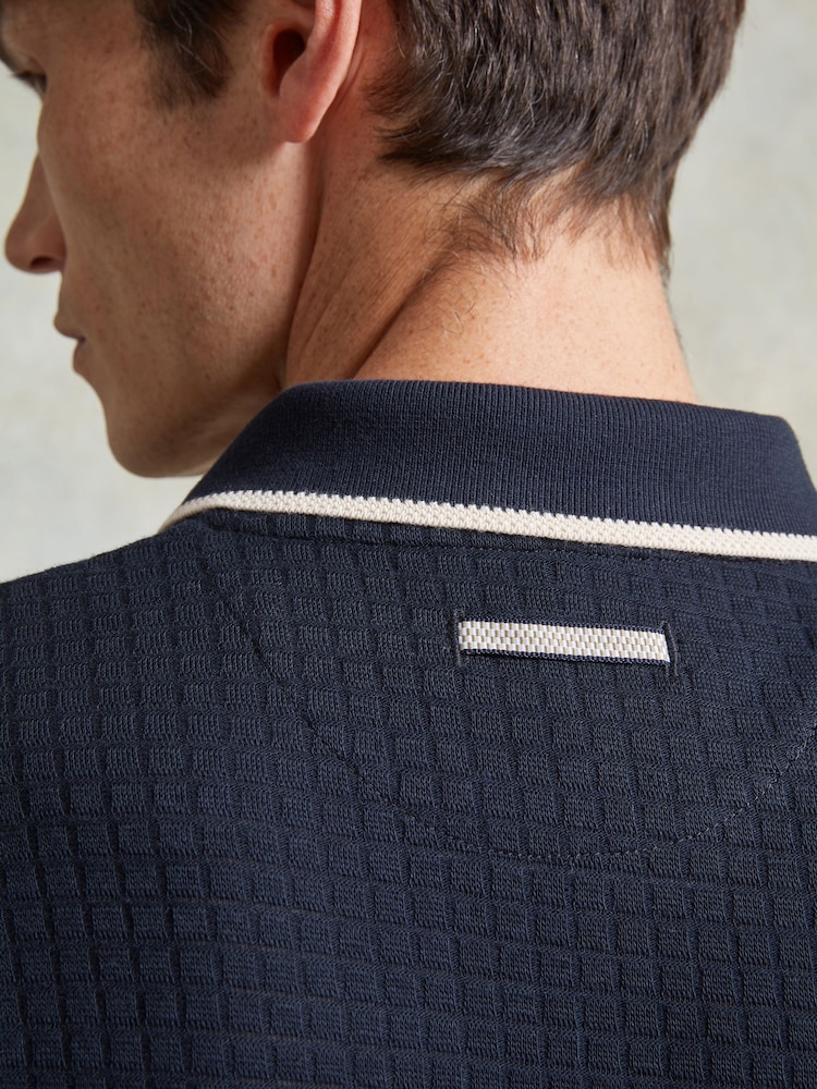 Ten Paces Navy Textured Button Through 100% Cotton Regular Fit Short Sleeve Polo Shirt - Image 5 of 6