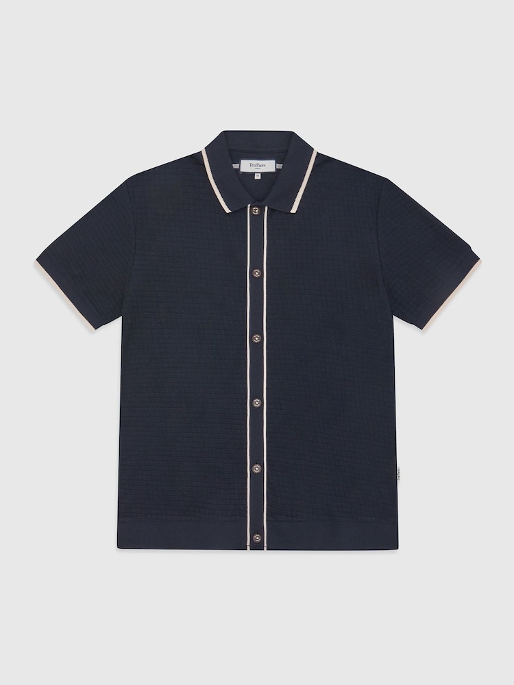 Ten Paces Navy Textured Button Through 100% Cotton Regular Fit Short Sleeve Polo Shirt - Image 6 of 6