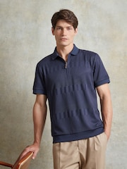 Ten Paces Navy Textured Zip Neck Regular Fit Polo Shirt - Image 1 of 6