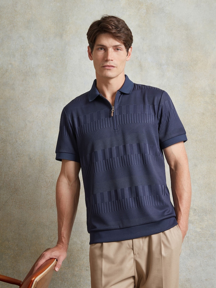 Ten Paces Navy Textured Zip Neck Regular Fit Polo Shirt - Image 1 of 6