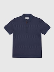 Ten Paces Navy Textured Zip Neck Regular Fit Polo Shirt - Image 6 of 6