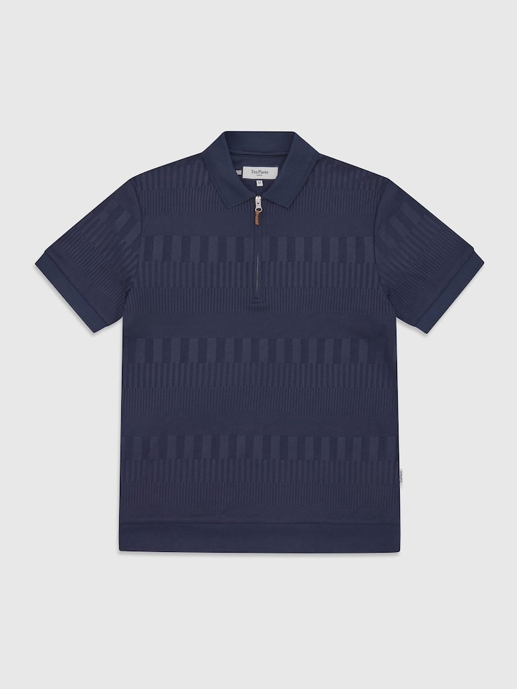 Ten Paces Navy Textured Zip Neck Regular Fit Polo Shirt - Image 6 of 6
