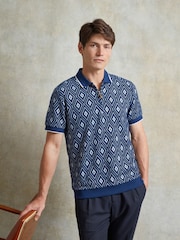 Ten Paces Navy Knitted Jacquard Regular Fit Zip Neck Polo Shirt - Image 1 of 6