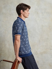 Ten Paces Navy Knitted Jacquard Regular Fit Zip Neck Polo Shirt - Image 2 of 6