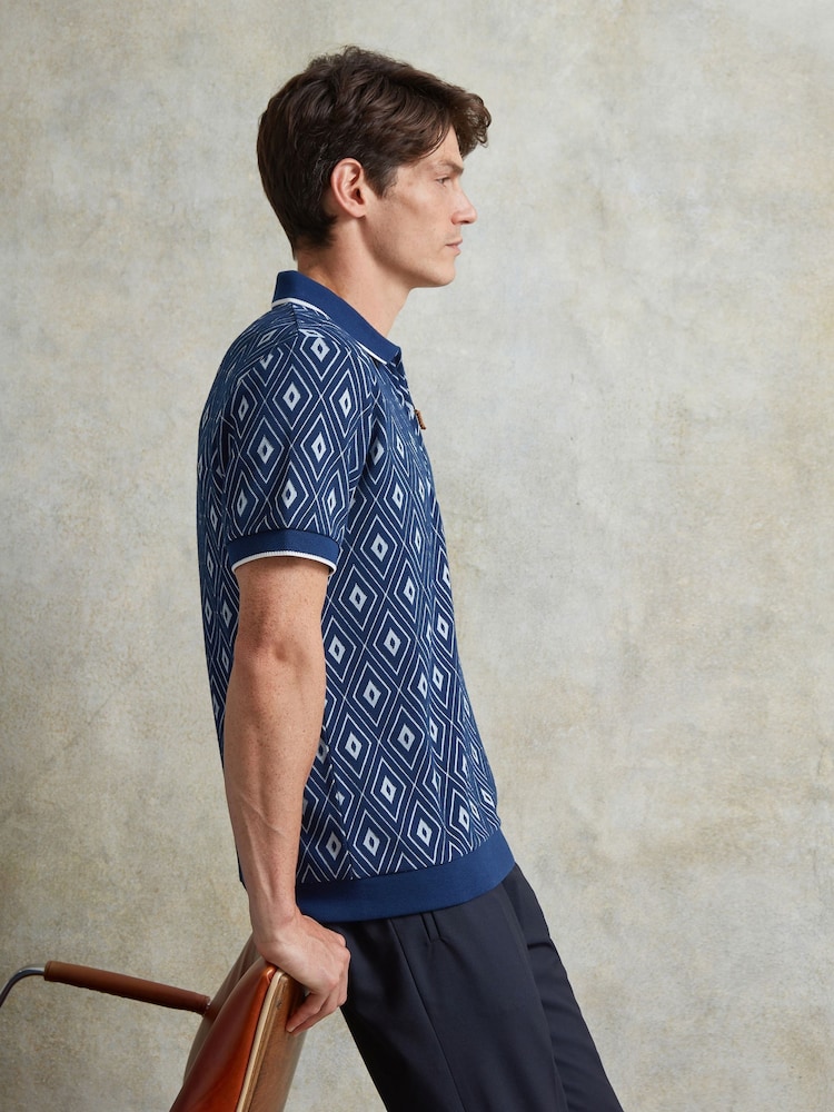 Ten Paces Navy Knitted Jacquard Regular Fit Zip Neck Polo Shirt - Image 2 of 6