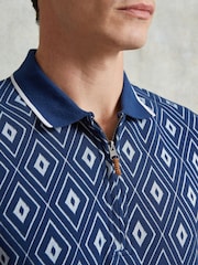 Ten Paces Navy Knitted Jacquard Regular Fit Zip Neck Polo Shirt - Image 4 of 6