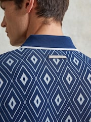 Ten Paces Navy Knitted Jacquard Regular Fit Zip Neck Polo Shirt - Image 5 of 6