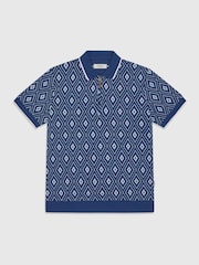 Ten Paces Navy Knitted Jacquard Regular Fit Zip Neck Polo Shirt - Image 6 of 6